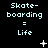 Pixelated text 'Skate-boarding = Life' repeated in a with animated white symbols on a black background