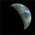 A pixelated crescent shape with gradient colors transitioning from dark green to light green and blue on a black background.