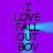 Purple background with black text "I LOVE FALL OUT BOY" repeated in two vertical , animated blue light effects moving between the
