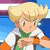 Pixelated anime-style character with blonde hair in three poses: neutral, shouting, and wide-eyed expression, wearing green scarf and orange-white jacket against blue background.