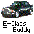 Pixelated buddy icon shows a dark vehicle with colorful pixel clusters on a gray background, below text reading E-Class Buddy.
