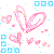 Pixelated pink heart shapes and blue square outlines on a white background with scattered cyan dots.