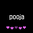Pixelated text 'pooja' above a of pink and purple plus signs on black background, with animation changing the sequence of colored symbols