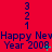 Red background with repeated blue text 'Happy New Year 2008' and vertical number sequences, featuring green pixel artifacts on the right side.