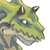 Pixelated green cartoon creature head with brown horns, yellow eyes, and a wide mouth showing teeth against white background.