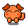 Pixelated orange creature with brown ears and tail, closed eyes, red cheeks, two poses showing different leg positions.