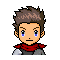 Pixel art character with brown spiky hair and red scarf, shown in multiple expressions including open eyes, closed eyes, and winking, with some frames holding objects.