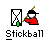 Pixel art icon shows a stick figure in red clothing holding a golden staff, standing next to a black X-shaped frame with green base on gray background.