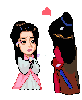 Pixel art animation of two figures in traditional East Asian attire interacting with heart symbols and color-coded clothing changes.