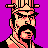 Pixelated portrait of a man with dark hair and mustache wearing a striped hat, set against solid purple background.