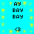 Pixelated text and symbols on a bright blue background with yellow star-like patterns, showing repeated elements in two