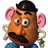 Pixelated character with brown skin, pink ears, black mustache, and dark cap on white background; blue display purple text