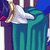 Pixelated character with white gloves and golden arm bands holding a green draped fabric against a blue background.