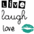 Four black-and-white pixelated icons above cursive 'laugh' text, lowercase 'love' text below left, and a teal lip icon on the right.