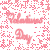 A pixelated pink and white patterned background with repeated stylized text elements in a cursive font, partially obscured by noise.