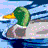 Pixelated duck head with green crown, yellow beak, and gray body against blue sky background.