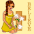 Pixelated image of a woman in a yellow dress holding a wooden easel with white flowers and green leaves against a light yellow background.