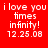 Red background with white pixelated text reading "i love you times infinity! 12.25.08" in four , one showing a dark circular blur effect