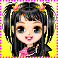 Pixelated cartoon character with black pigtails, pink star hair clips, and a yellow background displays changing facial expressions