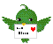 Green pixelated bird holding a gray sign with red heart and blocky text, wings spread in multiple poses.