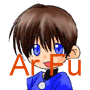 Two side-by-side anime-style character images with brown hair, blue eyes on left and black eyes on right, wearing a blue outfit with white circular detail.