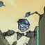 Animated sequence of a blue-skinned alien character with large green eyes and segmented headgear, showing facial expressions and background changes.