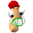 Pixelated character with red cap, large white eyes, and green checkered object held in hand against gray background.
