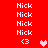 Red background with repeated white 'Nick' text and pixelated symbols, including a pink heart that alternates between two positions.