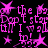 Pixelated pink text and star shapes repeat across a black background in a pattern