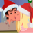 Pixelated cartoon character wearing red Santa hat with white trim, yellow shirt, and pink lower garment against blue-gray background.