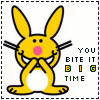 Yellow cartoon rabbit with pink nose and black eyes, hands clasped in front, standing on white background with text "YOU BITE IT BIG TIME" below.