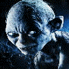 Animated sequence showing a character with large eyes and pale skin in multiple poses, with red text 'Gollum' appearing in the top-right corner of each frame.