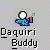 Pixelated character with white circular head, blue patterned shirt, red arm, and green arrow prop, below text reading "Daquiri Buddy" on gray checkered background.