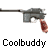 Pixelated static icon of a gray handgun with brown grip and red muzzle flash, below which is black pixelated text reading "Coolbuddy" on white background.