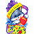 A pixelated cartoon animal wearing a colorful hat and holding a red egg, with green text reading 'Original Icons .com' on the right side.