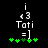 Pixelated icon with white text and green symbols on black background, showing 'i', '13', 'Tati', '= 1' above five green plus signs.