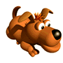 Brown cartoon dog with black nose and white eyes, small orange crown on head, in multiple poses showing movement across three