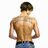 A shirtless man with short brown hair stands facing away, wearing blue jeans; text appears on his back