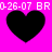Four black heart shapes on a bright pink background with white pixelated text reading "0-26-07 BRO-26-07 BR" above and below the hearts.