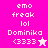 Pixelated text and star symbols on pink and white backgrounds, with text reading 'emo freak lol Dominika (3333)' in white on pink and a pink star on white.