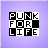 A 48x48 pixel buddy icon featuring a split design with "PUNK FOR LIFE" text on the left and a punk rocker character on the right against a purple background.
