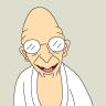 Pixelated cartoon character with bald head, round glasses, and white robe, smiling with visible teeth against light gray background.