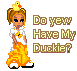 Pixel art avatar with blonde pigtails, duck on head, yellow flower shirt, orange pants, and text 'Do yew Have My Duckie?' on gray background.