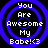 Four identical circular icons with blue concentric rings and white text reading You Are Awesome My Babe! <3 on black background.