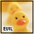 Animated contact sheet of a yellow rubber duck with orange beak and black eyes, displaying nine frames where the word "EVIL" changes color across the bottom left corner while the duck's expression remains consistent.