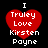 Four identical red heart-shaped icons with white text reading "I Truley Love Kirsten Payne" on a black background, arranged in a