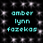 Black background with white star-like speckles; cyan text 'amber lynn fazekas' repeated in two across the frame