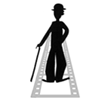 Silhouette of a figure in bowler hat and wide pants on film strip base, holding cane with varying arm positions across frames.