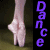 Animated sequence of a ballet dancer's feet in pointe shoes performing a dance move, with purple 'Dance' text on the right side.