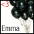Animated contact sheet showing three frames of a buddy icon with black balloons, red heart outline, and text "Emma" on white background.